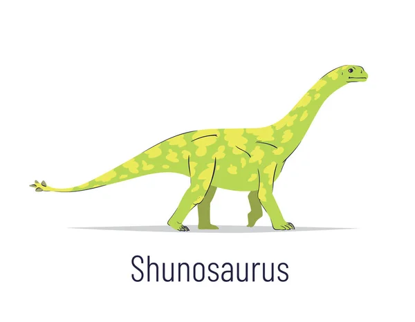 Shunosaurus. Sauropodomorpha dinosaurus. Barevná vektorová ilustrace pravěkého tvora shunosaura v ručně kresleném plochém stylu izolovaném na bílém pozadí. Obrovský fosilní dinosaurus. — Stockový vektor