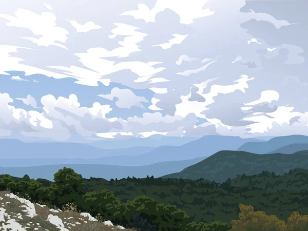 Στην κοιλάδα του βουνού. Κριμαία. Θέα από το Bald Mountain στο δάσος, άλλες οροσειρές και συννεφιασμένο ουρανό. Εξωτερική αναψυχή. Εικονογράφηση διανυσμάτων ρεαλιστικού τοπίου. Οριζόντια. — Διανυσματικό Αρχείο