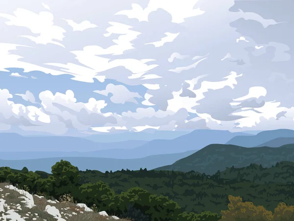 Valle della montagna. Crimea. Vista dalla montagna calva alla foresta, altre catene montuose e cielo nuvoloso. Attività ricreative all'aperto. Illustrazione vettoriale del paesaggio realistico. Orizzonte . — Vettoriale Stock