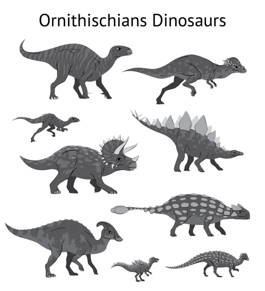 Een stel ornithischiaanse dinosaurussen. Monochrome vector illustratie van dinosaurussen geïsoleerd op witte achtergrond. Zijaanzicht. Ornithischia. Proportionele afmetingen. Element voor uw desing, blog, tijdschrift. — Stockvector