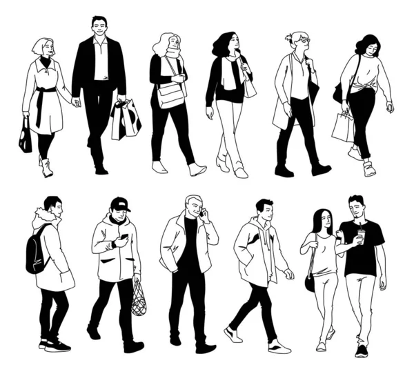 People in different poses. Monochrome vector illustration of set of men and women standing and walking in simple line art style. Front view, side view. Hand drawn sketch isolated on white background. — Stock Vector