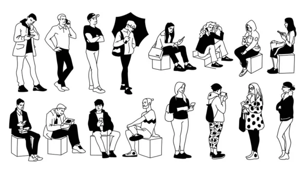Lidé v různých pózách. Monochromatické vektorové znázornění souboru mladých a dospělých mužů a žen stojících a sedících v jednoduchém liniovém stylu. Ručně kreslený náčrt na bílém pozadí. — Stockový vektor