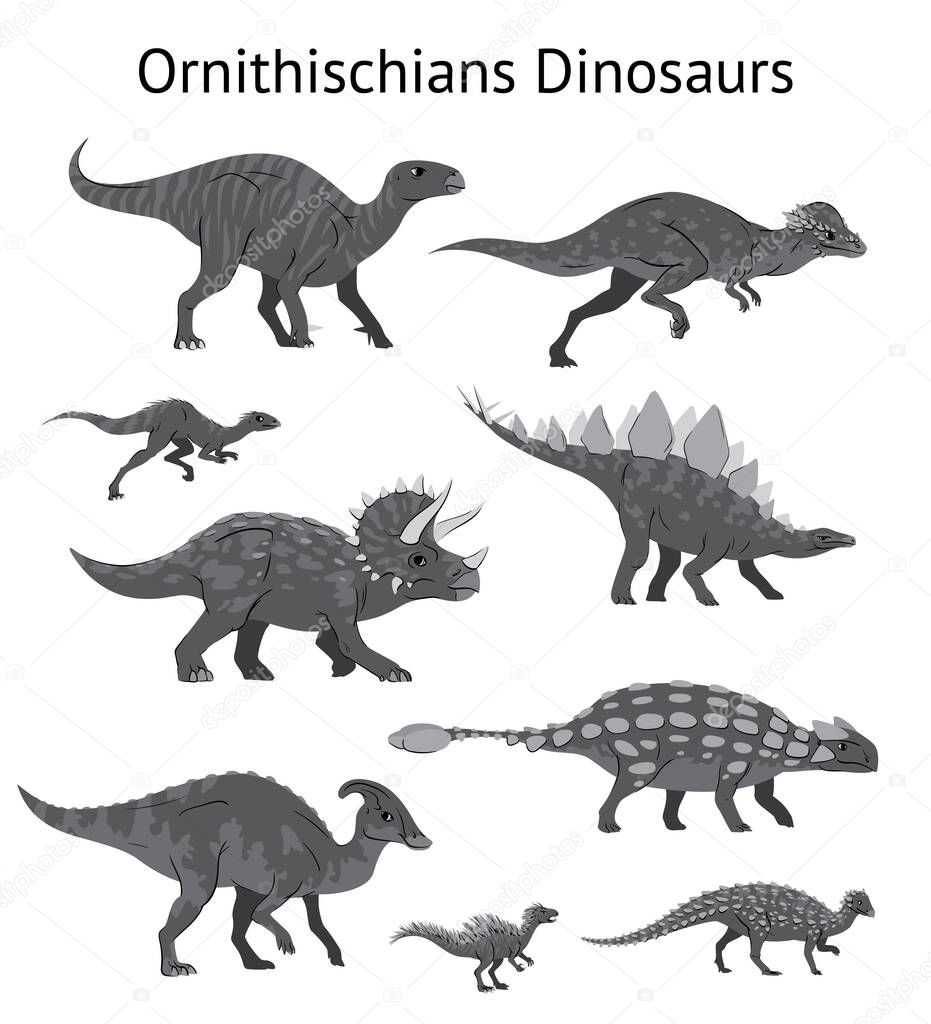 Set of ornithischian dinosaurs. Monochrome vector illustration of dinosaurs isolated on white background. Side view. Ornithischia. Proportional dimensions. Element for your desing, blog, journal.