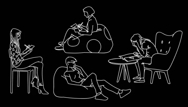 A nők más pózban ülnek. Vázlat. Vektor illusztráció különböző lányok ül székek vagy párnák egyszerű vonal művészet stílusban elszigetelt fekete háttér. Fogantatás. Monokróm minimalizmus. — Stock Vector