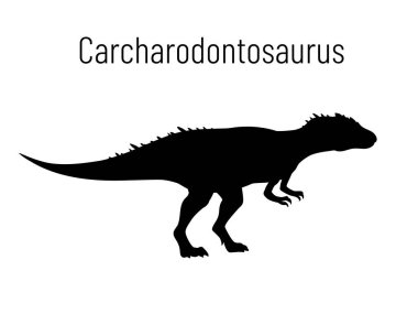 Carcharodontosaurus. Theropoda dinozoru. Beyaz arka planda izole edilmiş tarih öncesi yaratık carcharodontosaurus siluetinin tek renkli vektör çizimi. Stencil. Fosil dinozor.