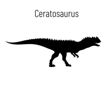 Ceratosaurus. Theropoda dinozoru. Tarih öncesi Ceratosaurus 'un beyaz arka planda izole edilmiş siluetinin tek renkli vektör çizimi. Stencil. Fosil dinozor.
