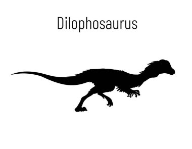 Dilophosaurus. Theropoda dinozoru. Beyaz arka planda izole edilmiş tarih öncesi yaratığın siluetinin tek renkli vektör çizimi. Stencil. Fosil dinozor.