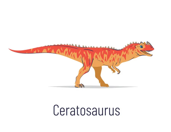 Ceratosaurus. Theropoda dinosaurie. Färgglada vektor illustration av förhistoriska varelse ceratosaurus i hand dras platt stil isolerad på vit bakgrund. Rovdjur fossil dinosaurie. — Stock vektor