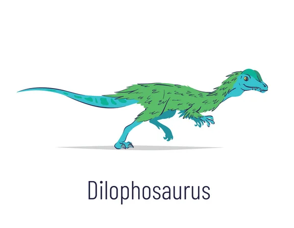 Dilophosaurus. Dinossauro Theropoda. Ilustração vetorial colorida da criatura pré-histórica dilophosaurus em estilo plano desenhado à mão isolado em fundo branco. Dinossauro fóssil predatório . —  Vetores de Stock