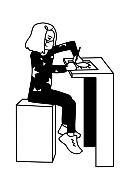 Maskované dítě studující doma během karantény. Holčička v masce sedí na vysoké židli a kreslí koronavirus. Vektorová ilustrace maskované dívky izolované na bílém pozadí. Covid-19 koncept. — Stockový vektor