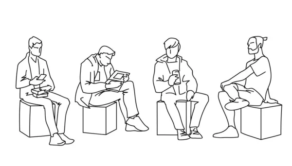 Men sitting in different poses. Black lines on white background. Concept. Vector illustration of various men sitting on cubes in line art style. Monochromatic hand drawn sketch. — Stock Vector