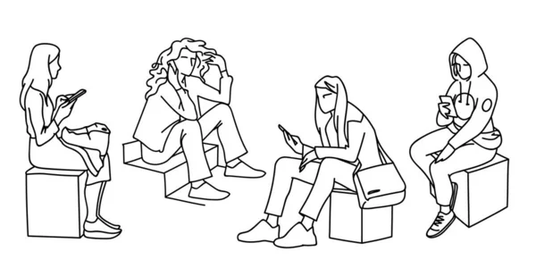 Set of women with phones sitting on cubes in different poses. Monochrome vector illustration of women communicating by phone sitting in simple line art style. Black lines isolated on white background. — Stock Vector