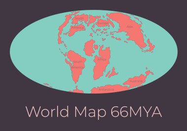 Dünya 66MYA haritası. Koyu gri arka planda izole edilmiş kırmızı kıtalar ve turkuaz okyanuslarla Dünya haritasının vektör çizimi. Projeksiyon. Tarih öncesi dünya haritası. Tasarımınız için element.