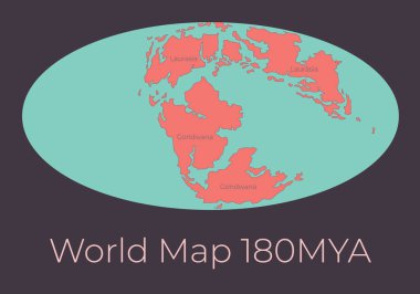 Dünya Haritası 180MYA. Koyu gri arka planda izole edilmiş kırmızı kıtalar ve turkuaz okyanuslarla Dünya haritasının vektör çizimi. Projeksiyon. Tarih öncesi dünya haritası. Tasarımınız için element.
