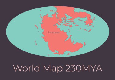 Dünya Haritası 230MYA. Koyu gri arka planda izole edilmiş kırmızı kıtalar ve turkuaz okyanuslarla Dünya haritasının vektör çizimi. Projeksiyon. Tarih öncesi dünya haritası. Tasarımınız için element.