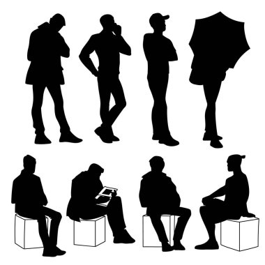 Ayakta duran ve oturan bir grup genç ve yetişkin adam. Farklı pozlardaki adamların siluetlerinin tek renkli vektör çizimi. Stencil. Siyah siluetler beyaz arkaplanda izole edilmiş. Ön görünüm.