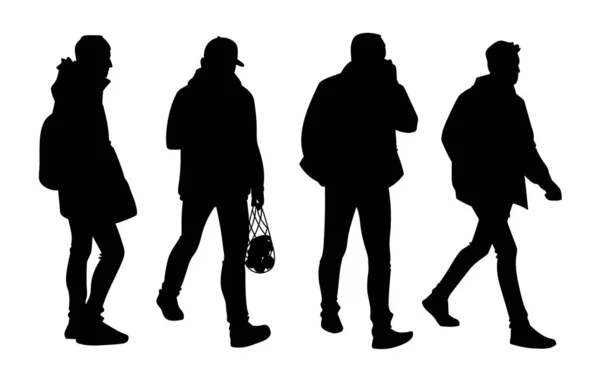 Set of young and adult men standing and walking. Monochrome vector illustration of silhouettes of men in different poses. Stencil. Black silhouettes isolated on white background. — Stock Vector