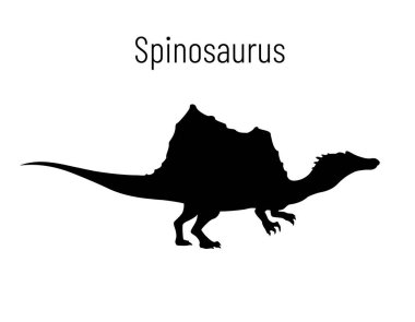 Spinosaurus. Theropoda dinozoru. Beyaz arka planda izole edilmiş tarih öncesi yaratığın siluetinin tek renkli vektör çizimi. Stencil. Fosil dinozor.