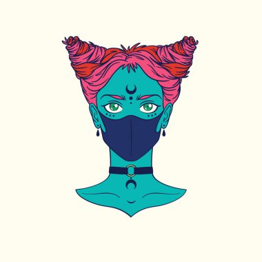 Tıbbî maske takan şık, genç bir kız. Coronavirus salgını konsepti. Açık arkaplana izole edilmiş elle çizilmiş, maskeli alt kültür kızının parlak renkli vektör çizimi.