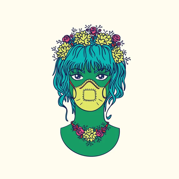 Chica con estilo con bisel de flores con máscara médica. Concepto pandémico del Coronavirus. Ilustración vectorial de color brillante de chica subcultural enmascarada en estilo dibujado a mano aislado sobre fondo claro . — Vector de stock