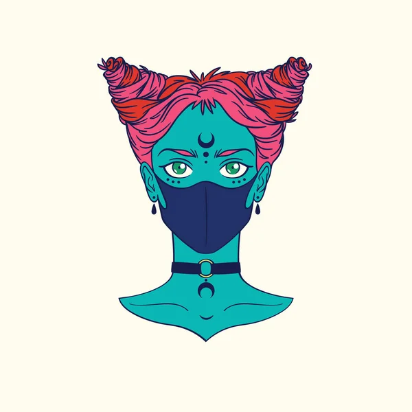 Tıbbî maske takan şık, genç bir kız. Coronavirus salgını konsepti. Açık arkaplana izole edilmiş elle çizilmiş, maskeli alt kültür kızının parlak renkli vektör çizimi. — Stok Vektör