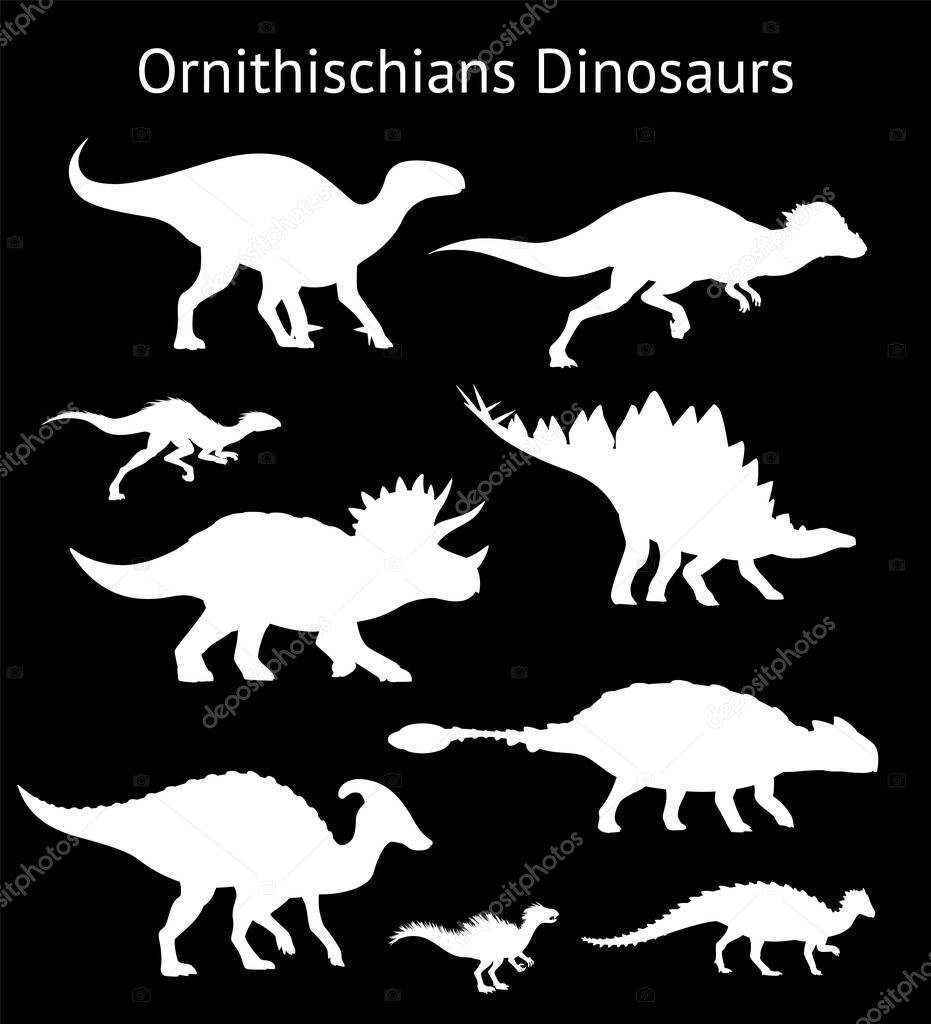 Silhouettes of ornithischian dinosaurs. Set. Side view. Monochrome vector illustration of white stencils of dinosaurs isolated on black background. Ornithischia. Proportional dimensions.