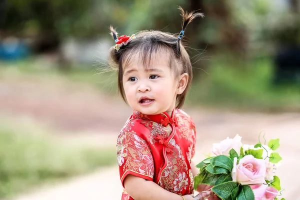 Çinli kız elbise geleneksel cheongsam ayakta New, gülümseyen