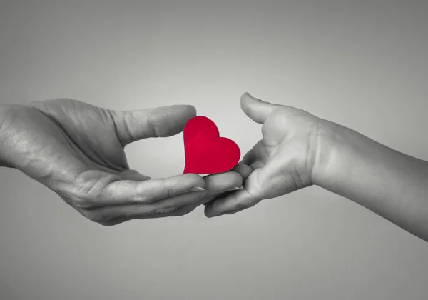 Ενήλικο Χέρι Δίνει Κόκκινη Καρδιά Στο Παιδί Έννοια Υγειονομικής Περίθαλψης — Φωτογραφία Αρχείου