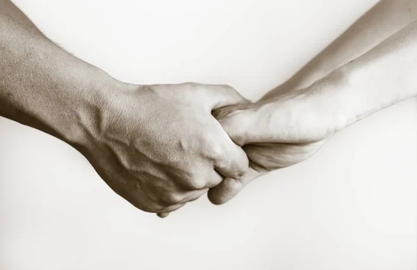 Two Pairs Hands Holding Touching Each Other Together Helping Hands — Stock Photo, Image