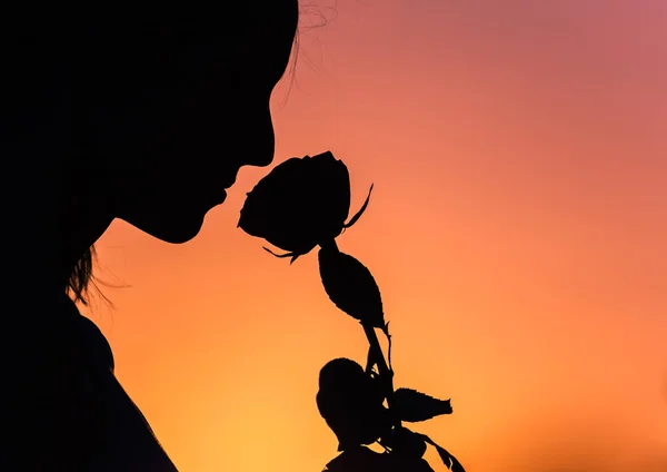 Silhouette Woman Smelling Rose — Stock Photo, Image