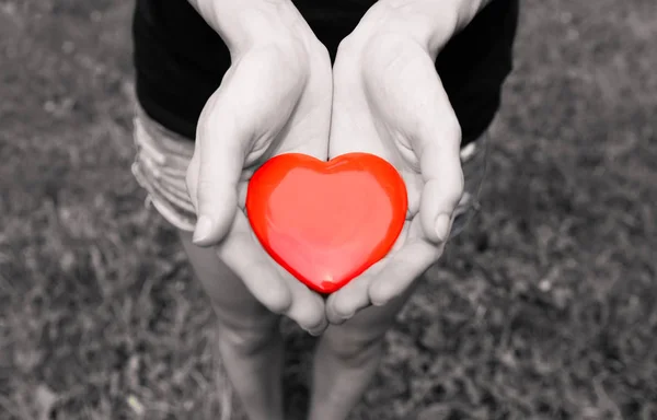 Mulher Segurando Coração Vermelho Nas Mãos — Fotografia de Stock