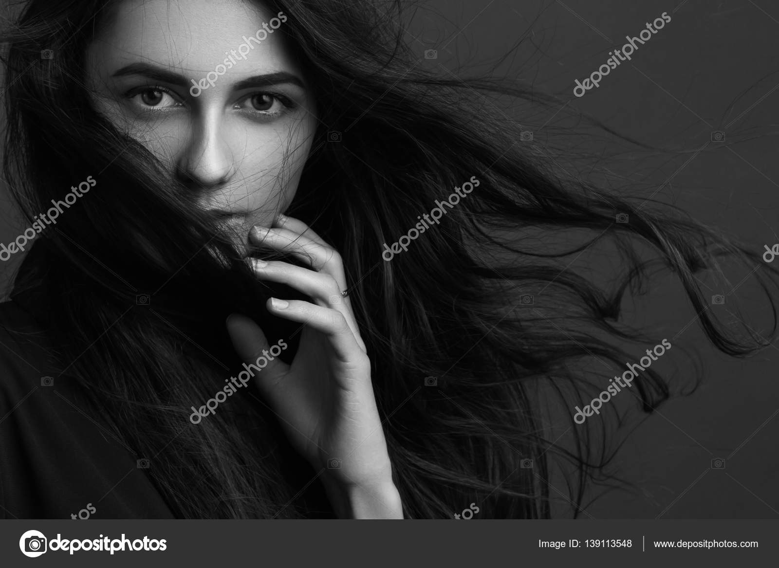 Portrait of a young beautiful girl with luxury hair flying black and white photo image de cheremishm mail ru