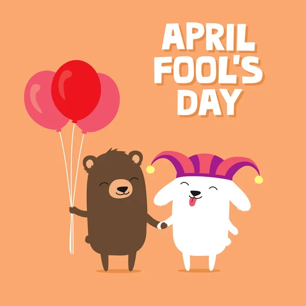 April Fool\'s Day greeting card with cute bunny rabbit wearing joker hat and bear holding balloons