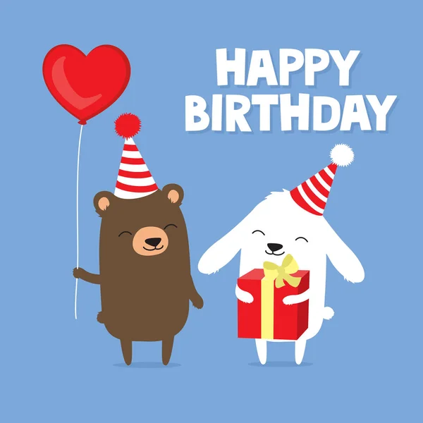 Birthday greeting card with cute cartoon bear and bunny rabbit holding balloon and gift