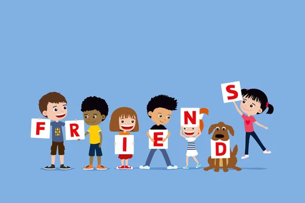 Group of children and a dog holding letters saying friends. Cute diverse cartoon illustration of little girls and boys.