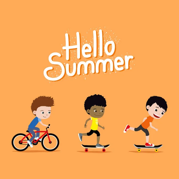 Three boys riding skateboards and a bike. Cute cartoon Hello Summer illustration.