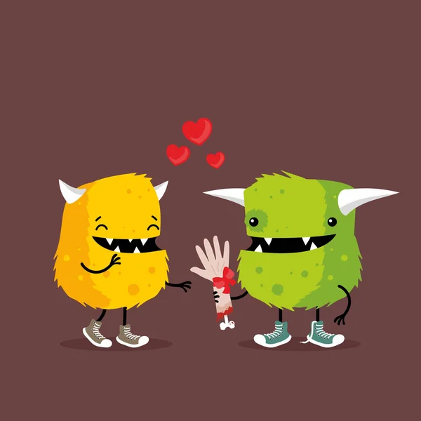 Funny cartoon monsters in love holding human arm as a gift. Funny and creepy cartoon illustration for Valentine`s Day