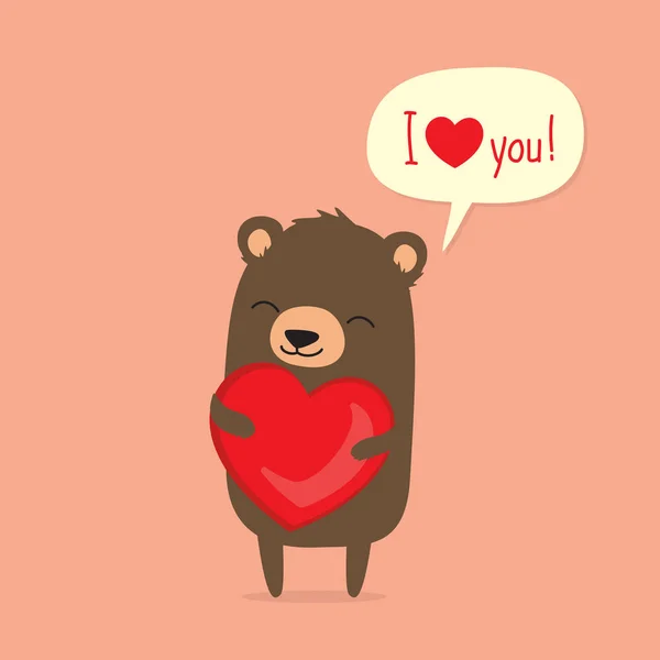 Valentine's Day card with cute cartoon bear holding heart and saying I love you in speech bubble