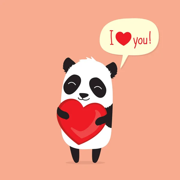 Cute cartoon panda holding heart and saying I love you in speech bubble. Greeting card for Valentine\'s Day