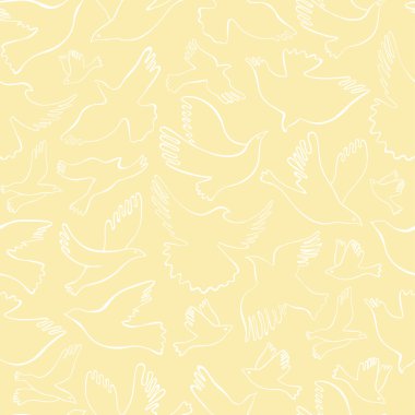 Kremsi arka plan üzerinde beyaz çizgisel kuşlar ile Seamless modeli. Vektör el çekilmiş kuşlar.