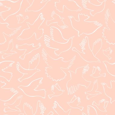 Pembe bir arka plan üzerinde beyaz çizgisel kuşlar ile Seamless modeli. Vektör el çekilmiş kuşlar.