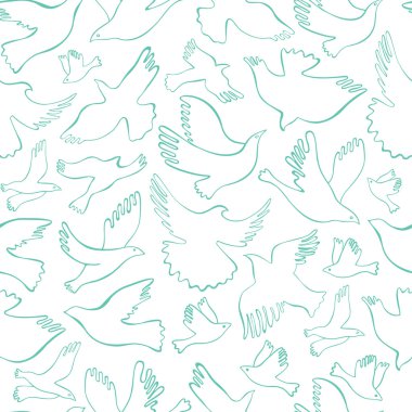 Beyaz arka plan üzerinde turkuaz kuşlar ile Seamless modeli. Vektör el çekilmiş kuşlar.