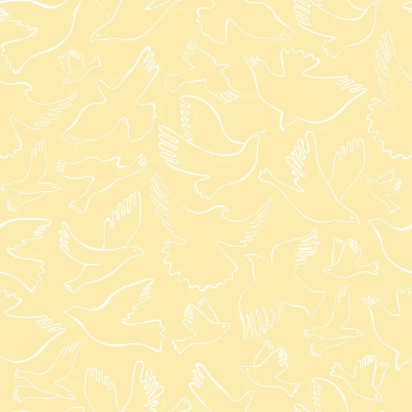 Nahtloses Muster mit weißen linearen Vögeln auf cremigem Hintergrund. Vektor handgezeichnete Vögel. — Stockvektor