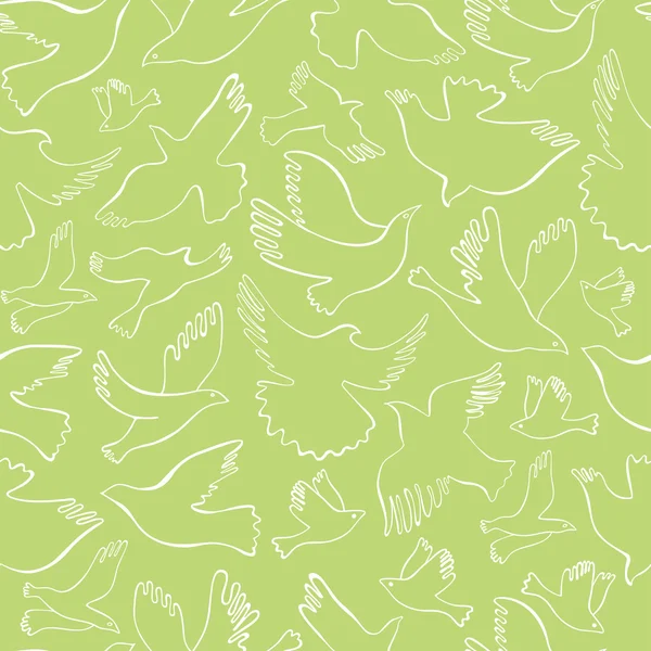 Patrón sin costuras con aves lineales blancas sobre fondo olivo. Vector dibujado a mano aves . — Vector de stock