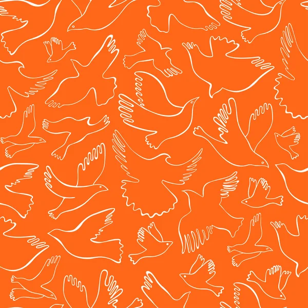 Απρόσκοπτη μοτίβο με λευκό γραμμικό πουλιά σε πορτοκαλί φόντο. Διάνυσμα χέρι συρμένο πουλιά. — Διανυσματικό Αρχείο