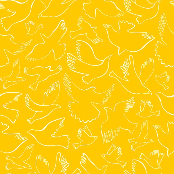 Απρόσκοπτη μοτίβο με λευκό γραμμικό πουλιά σε κίτρινο φόντο. Διάνυσμα χέρι συρμένο πουλιά. — Διανυσματικό Αρχείο