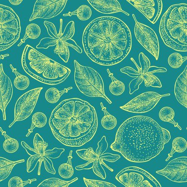 Seamless pattern with lemons, flowers and leaves on turquoise background. Vector hand drawn pattern. Good for packing design, textile industry, wallpapers and backgrounds.  clipart