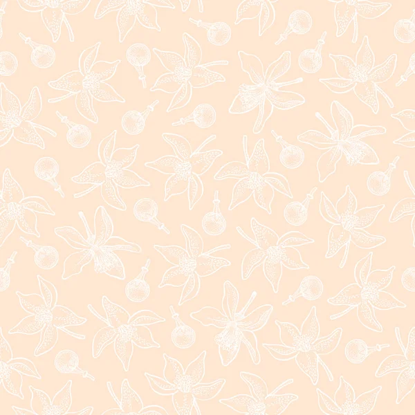Patrón sin costuras con flores de limón y brotes sobre fondo rosado. Vector dibujado a mano patrón. Bueno para el diseño de embalaje, industria textil, fondos de pantalla y fondos . — Vector de stock