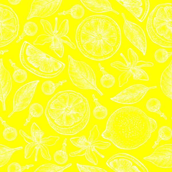 Patrón sin costuras con limones, flores y hojas sobre fondo amarillo. Vector dibujado a mano patrón. Bueno para el diseño de embalaje, industria textil, fondos de pantalla y fondos . — Vector de stock