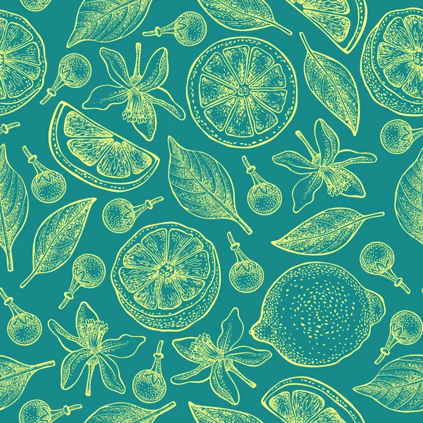 Seamless pattern with lemons, flowers and leaves on turquoise background. Vector hand drawn pattern. Good for packing design, textile industry, wallpapers and backgrounds. — Stock Vector